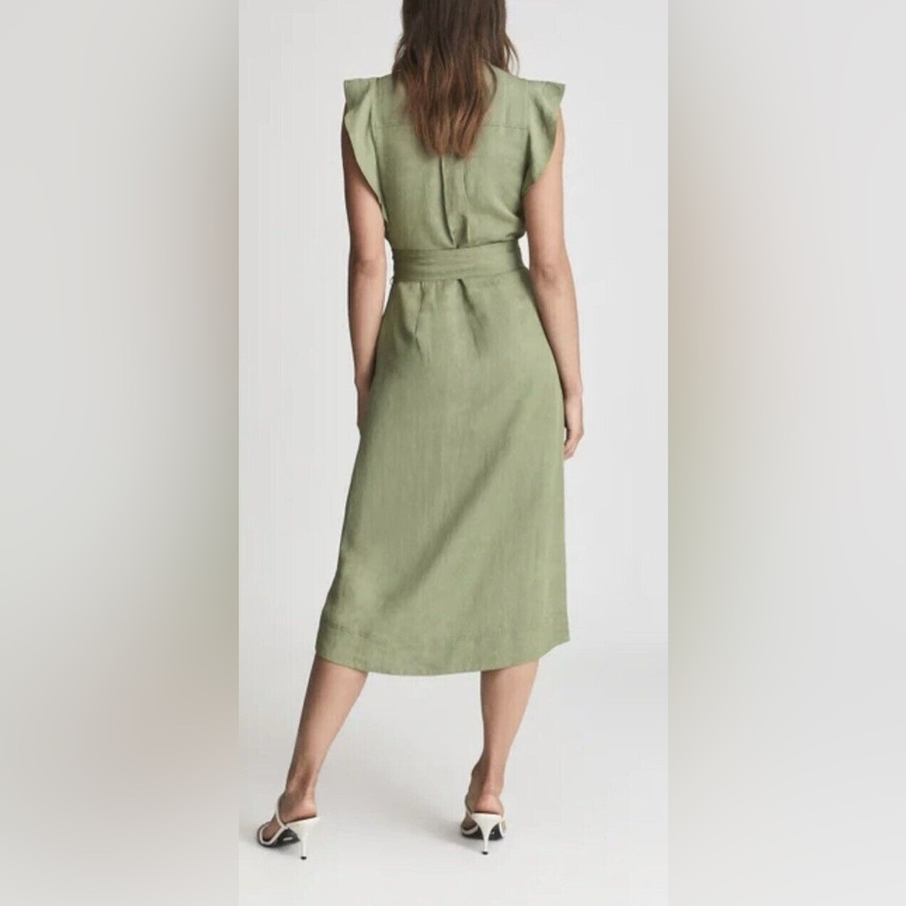 Reiss Emma Plunge Linen Blend Olive Green Button Up Midi Dress size 10 - Picture 2 of 14